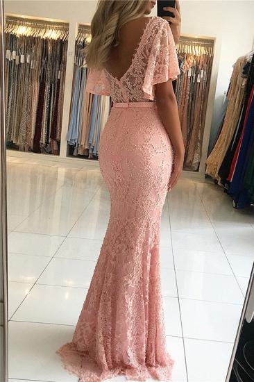 Open Back Pink Lace Evening Dresses with Short Sleeves | Full Beads Cheap Prom Dresses Sexy_2
