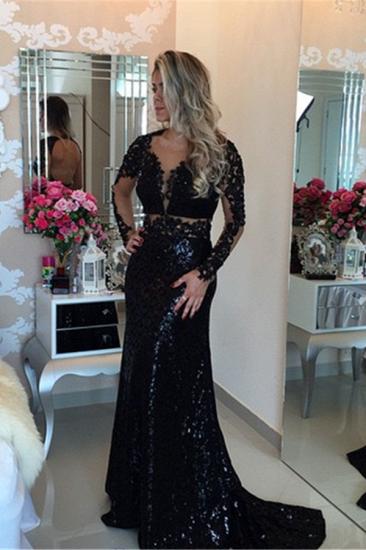 Black Long Sleeve Sequined Lace Evening Dress Popular Open Back Sweep Train Special Occasion Dresses