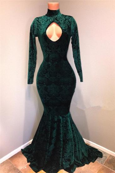 Dark Green Lace High Neck Prom Dresses | Sexy Keyhole Long Sleeves Mermaid Evening Gowns_1