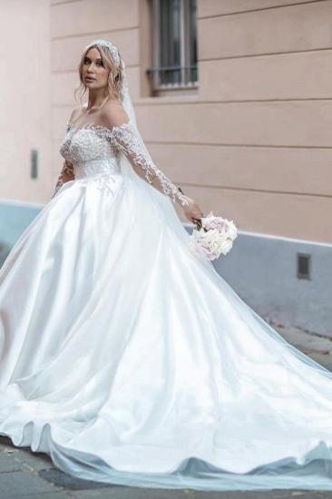 Gorgeous White Satin Aline Bridal Dress with Sleeves Beadings Wedding Gown_1