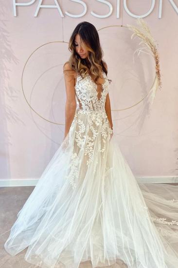 Glamorous V Neck Floral Tulle Wedding Dress Sleeve Aline Bridal Dress_4