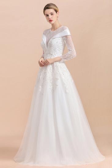 Modest White Beaded Appliques Long Sleeves Round neck Floor length Lace Wedding Dress_5