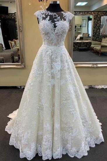 Bradyonlinewholesale Chic Ivory Lace Round Neck Long Wedding Dress Cap Sleeve Sweep Train Bridal Gowns On Sale_1
