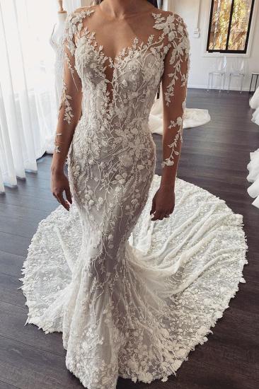 Gorgeous Long Train Lace Open back Mermaid White Wedding Dresses_1