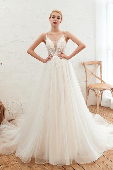 Chic Spaghetti Straps V-Neck Ivory Tulle Wedding Dress with Appliques_2