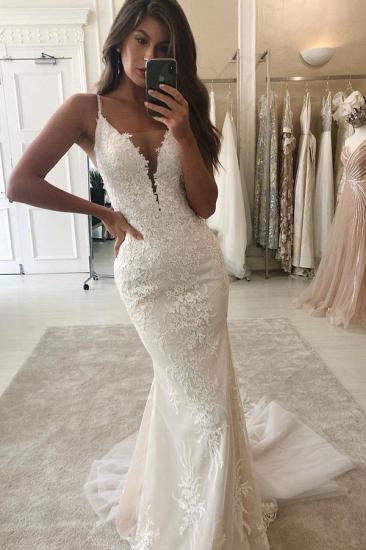 Trendy Spaghetti Strap Summer White Mermaid Wedding Dress with Overskirt_2