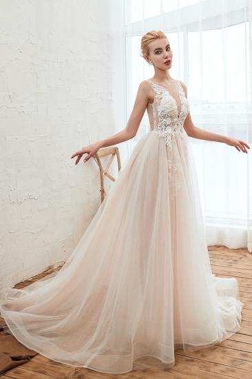 Illsuion neck Champange Wedding Dress with Chapel Train | Sleeveless Summer Bridal Gowns Online_3