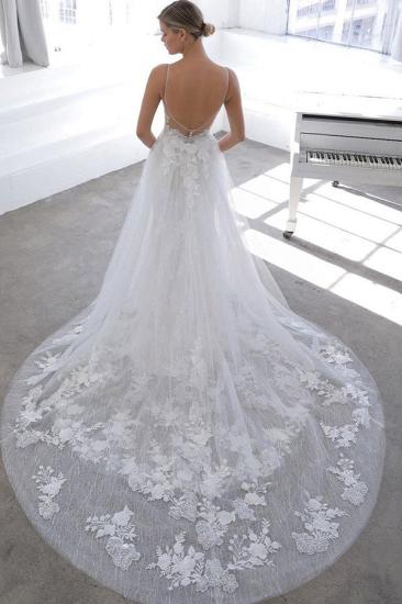 Spaghetti Strap See-through Lace Column Long Wedding dress with Tulle Overskirt_2