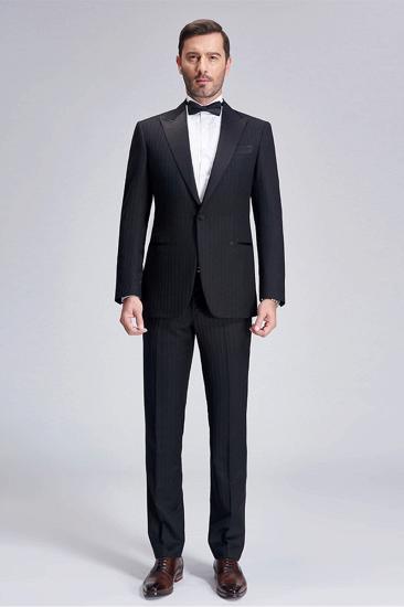Trendy Silk Peak Lapel Black Mens Wedding Suit | One Button Stripe Wedding Tuxedo