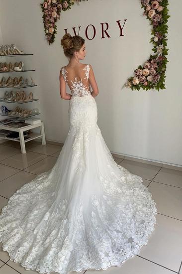 Illusion neck White Lace Sleeveless Mermaid Wedding Dress_2