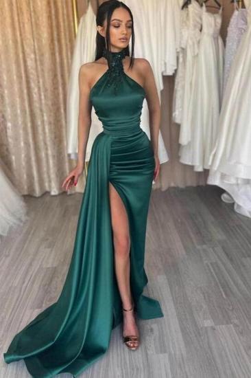 Halter triangle neck sleeveless High split Green Prom Dress_1