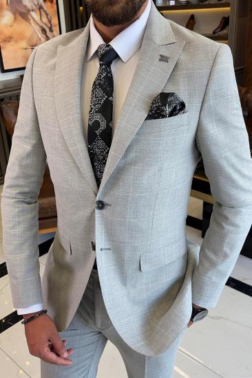 Allen Light Gray Peaked Lapel Plaid Business Suits For Men_2
