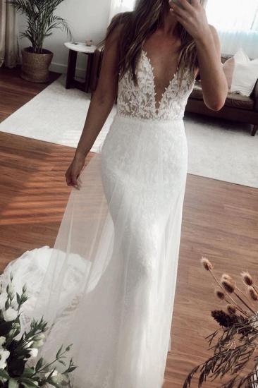 Deep V-neck Spaghetti Straps Mermaid Wedding Dresses | Appliques Pleated Bridal Gowns_3