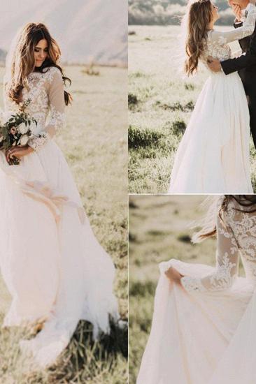 Long Sleeves Floor-Length Applique Tulle A-Line Scoop Wedding Dresses