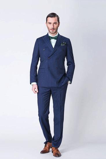 Gentleman Blue Wide Stripe Double Breasted Peak Lapel Dark Navy Mens Suit