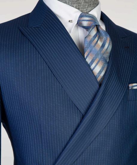 Navy Blue Stripe Double Breasted Point Collar Slim Men's Suit_2