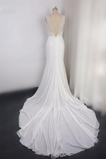 Bradyonlinewholesale Sexy Deep-V-Neck Chiffon Sheath Wedding Dress Lace Appliques Sleeveless Pearls Bridal Gowns Online_2