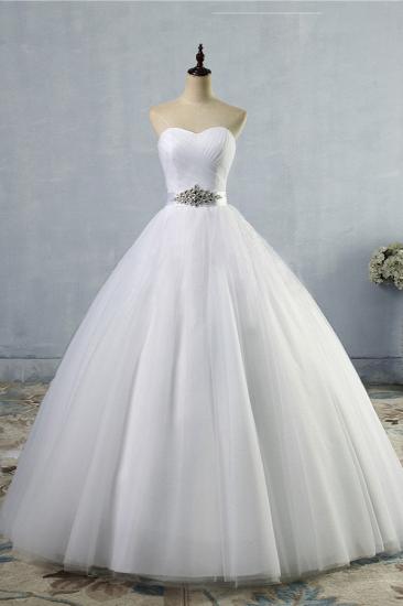Bradyonlinewholesale Chic Strapless Sweetheart White Tulle Wedding Dress Sleeveless Beadings Bridal Gowns with Sash