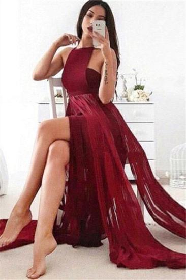 Burgundy Halter Sexy Evening Dresses | Sleeveless Side Slit Cheap Evening Dress_1