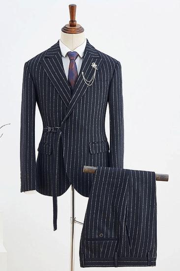 Bernard Sleek Black Striped Adjustable Belt Slim Fit Suit