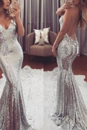 Cheap Silver Sequins V-neck Backless Evening Dress Sexy Straps Summer Party Dress_2