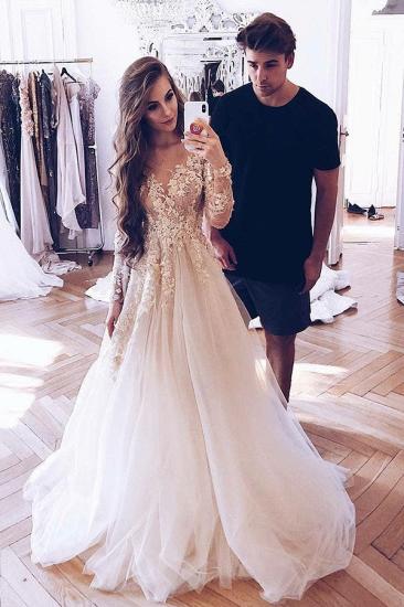 Glamorous V-Neck Long Sleeve Tulle Lace Appliques Princess Wedding Bridal Dress_3