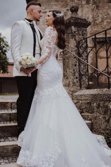 Elegant White Lace Mermaid Wedding Dress with Lace Appliques_2