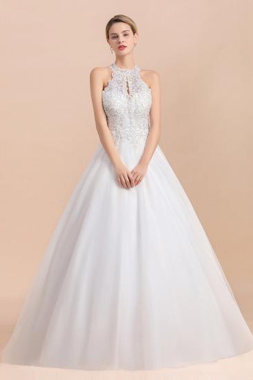 Gorgeous Halter Rhinstones Wedding Dress White Lace Appliques Tulle Garden Bridal Gowna_5