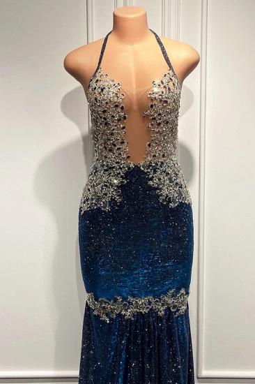 Sparkle navy blue lace applique mermaid prom dress_5