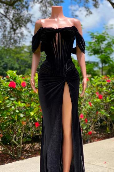 Stunning A-Line Black Velvet Off-Shoulder Sleeveless Prom Dress_1