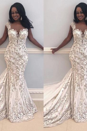 Chaeming Cap Sleeve Mermaid Wedding Gowns | Lace Appliques Slim Bridal Gowns_4