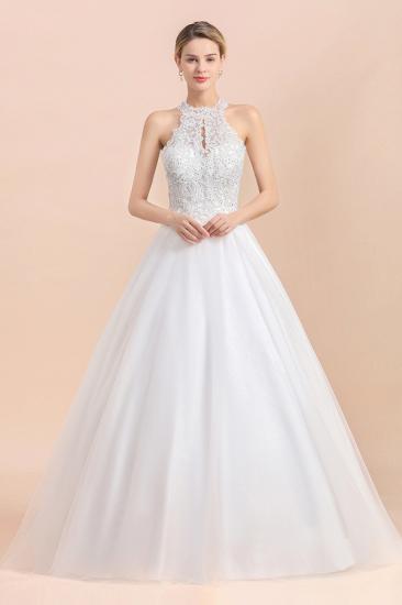 Elegant White Beaded Halter Ball Gown Lace Wedding Dress_1