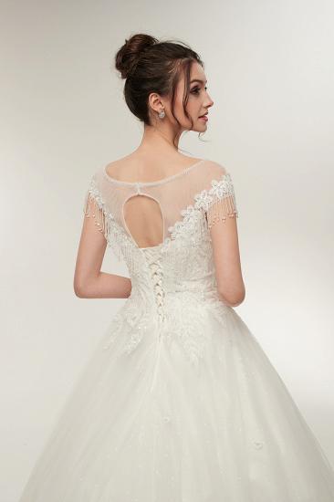 A-line Cap Sleeves Scoop Floor Length Lace Appliques Wedding Dresses with Crystals_9