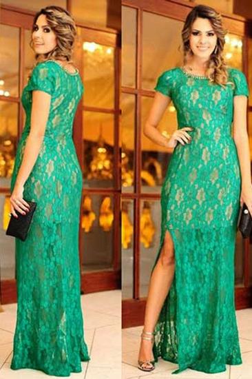 Latest Short Sleeve Green Lace Evening Dress Side Slit Floor Length Formal Occasion Dresses_1
