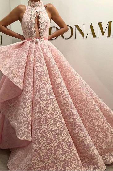 High Neck Pink Celebrity Gowns Long Asymmetrical Prom Gowns_2