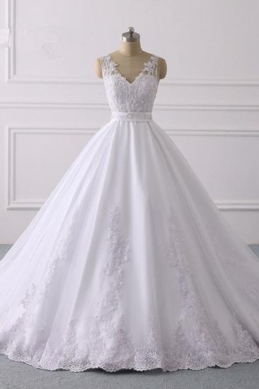 Bradyonlinewholesale Gorgeous V-Neck Satin Tulle Lace Wedding Dress White Appliques Sleeveless Bridal Gowns On Sale