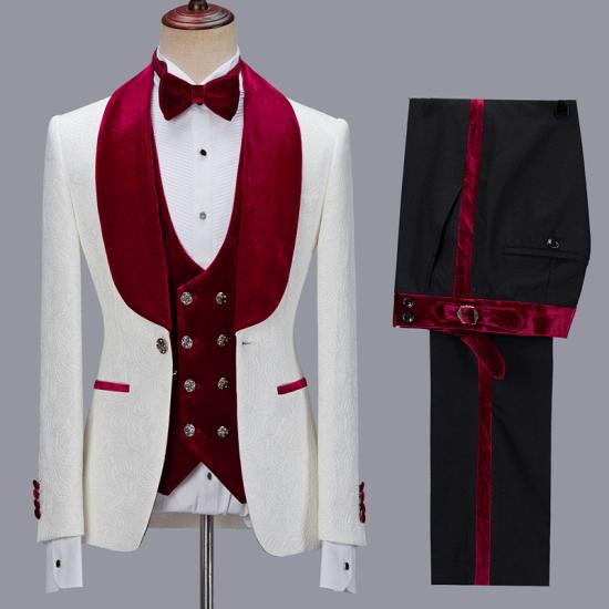 Nathanael White Jacquard Three Pieces Wedding Groom Mens Suits with Velvet Lapel_3
