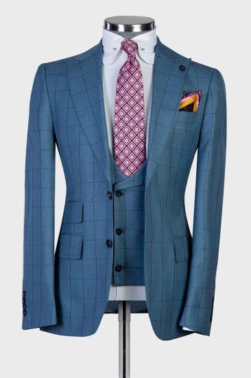 Fashion Blue Plaid Slim Fit Peaked Lapel Three Pieces Men Suits_1