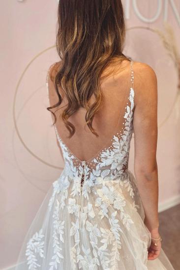 Glamorous V Neck Floral Tulle Wedding Dress Sleeve Aline Bridal Dress_3