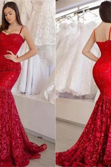Glamorous Red Lace Long Evening Dresses | Spaghetti Straps Mermaid Evening Gowns Online_2