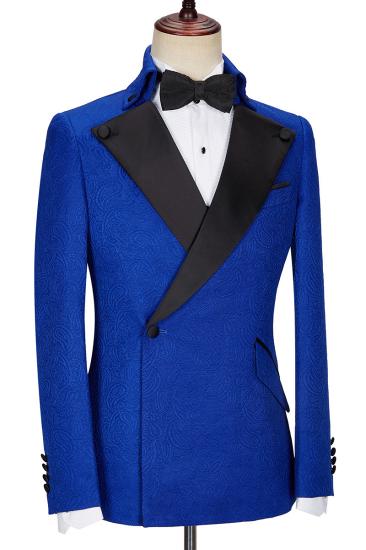 Dean Fashion New Royal Blue Jacquard Black Lapel Wedding Dress_3