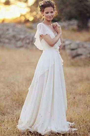 Ruched Floor-Length A-Line V-neck Chiffon Short Sleeves Wedding Dresses