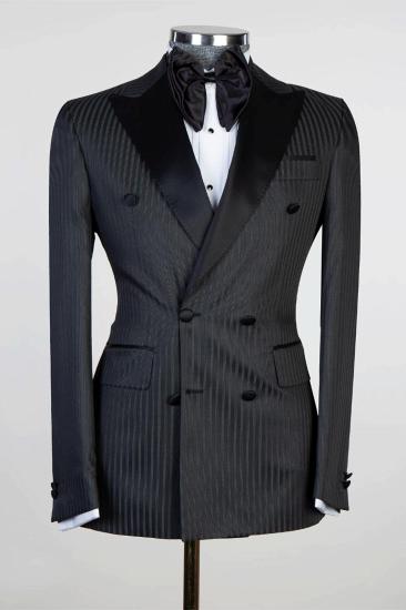 Black Stripe Double Breasted Point Collar Chic Men's Prom Suit_1