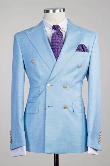 Sky Blue New Arrival Peaked Lapel Double Breasted Two Pieces Prom Suits_1