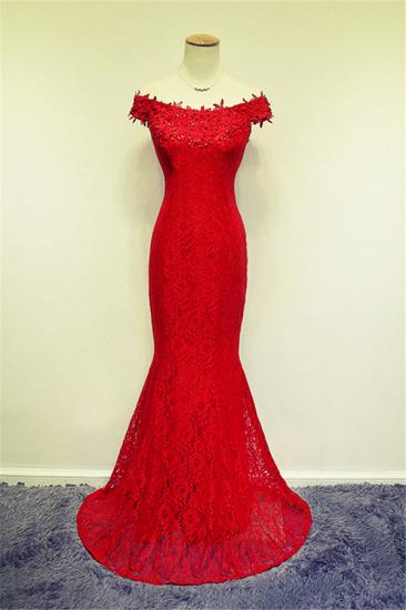 Red Mermaid Applique Off-the-Shoulder Evening Dress Sexy Lace Popular Lace-up Long Prom Dress_1