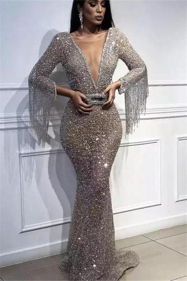 Luxury Deep V-Neck Mermaid Evening Dresses | Long Sleeves Sequins Crystal Prom Dresses with Tassels