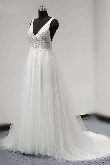 Bradyonlinewholesale Chic Straps V-Neck White Tulle Lace Wedding Dress Sleeveless Ruffles Bridal Gowns On Sale_3