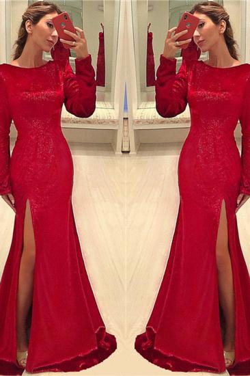 Red Sequins Sexy Side Slit Evening Dresses | Long Sleeve Cheap Prom Dresses_2