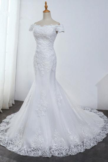 Bradyonlinewholesale Affordable Off-the-Shoulder Mermaid White Wedding Dress Short Sleeves Tulle Appliques Bridal Gowns On Sale_4
