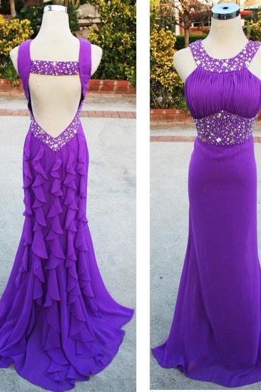 Halter Beading Purple Chiffon Long Evening Dress Empire Ruffle Open Back Occasion Gowns